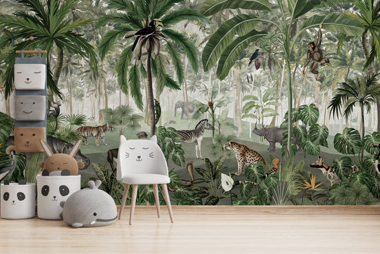 Jungle wallpaper murals for kids with giraffe and hippo in tropical forest.