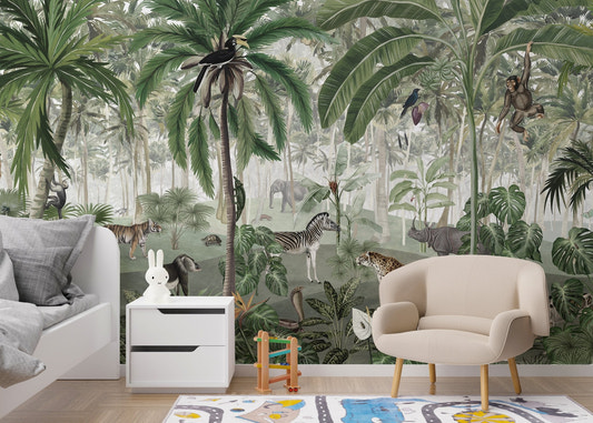 Jungle wall mural featuring tiger and zebra among green palm trees.