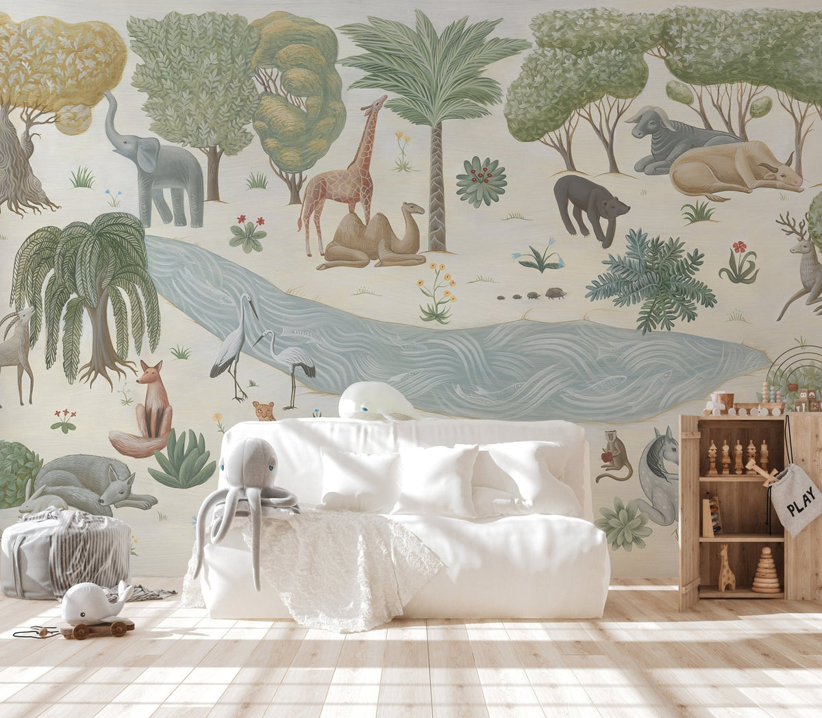 Jungle wildlife wall mural with safari animals wallpaper.