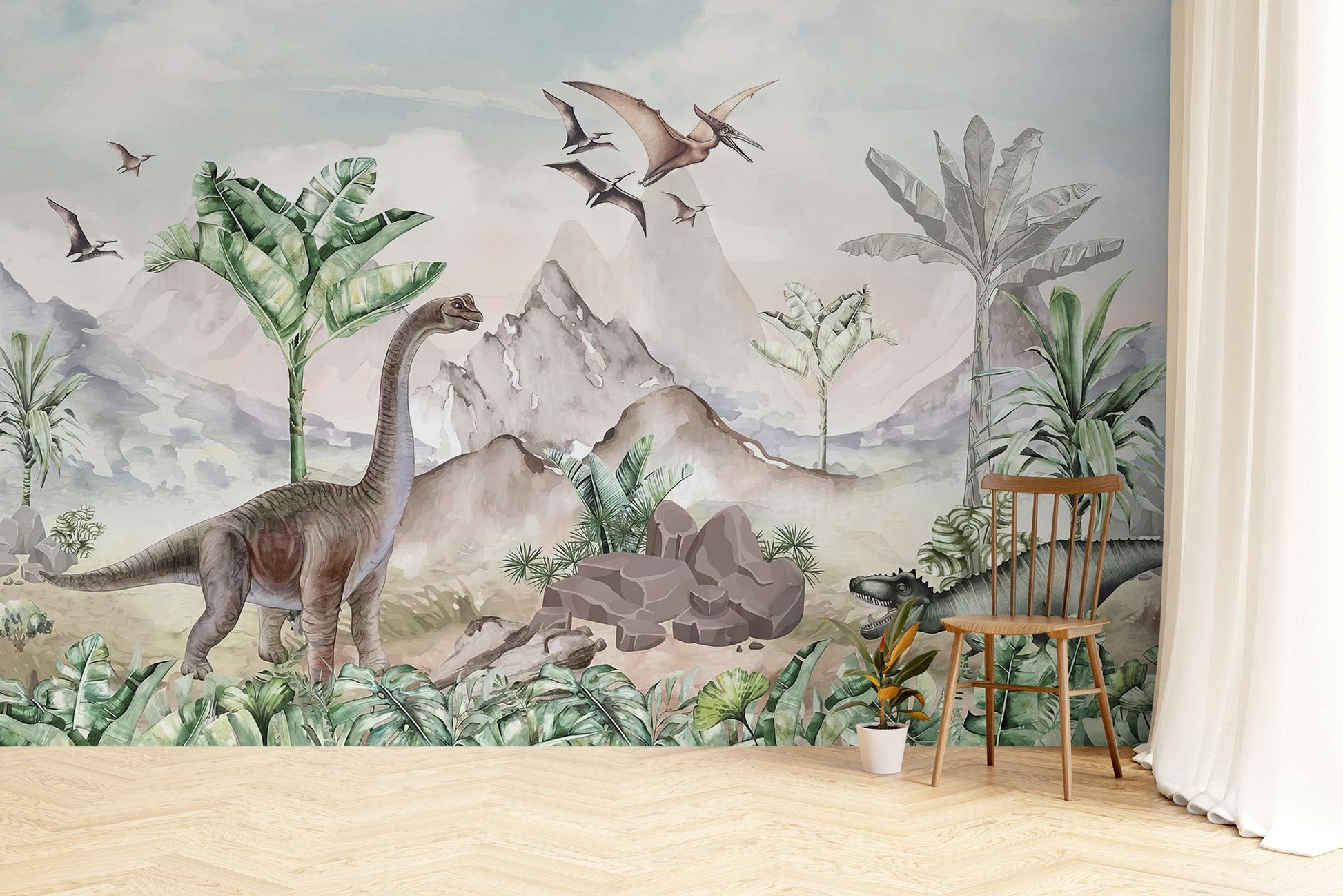 Dinosaur era theme wall mural in earthy green and beige color.