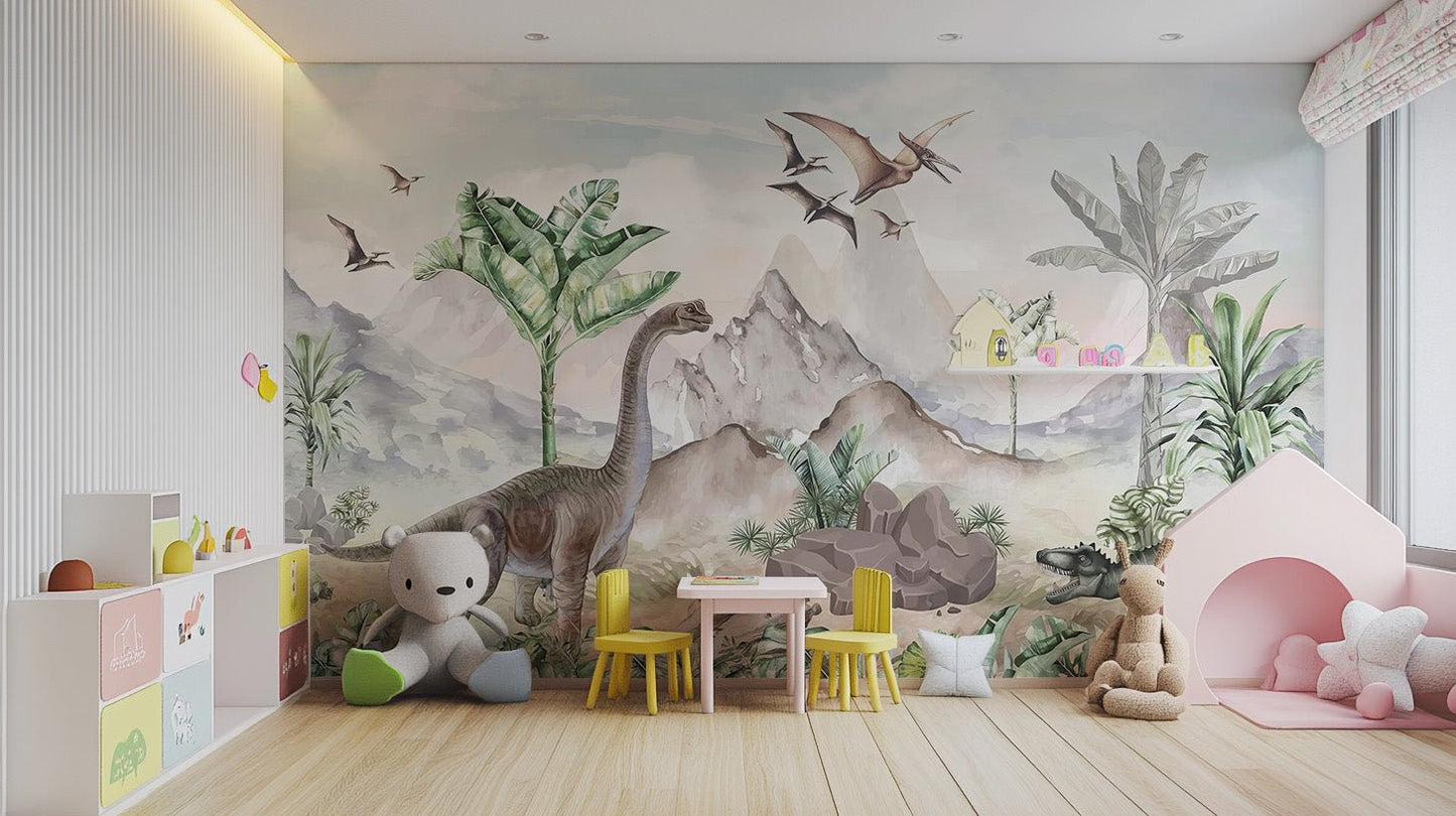 Dinosaur and palm tree wall mural in muted color tones.
