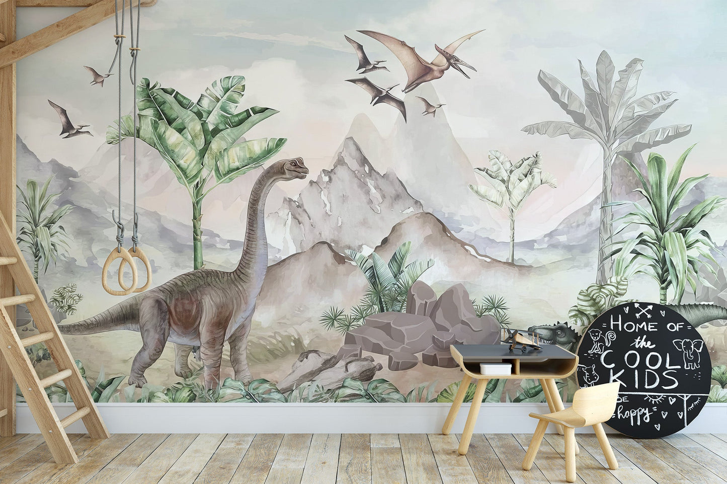 Jurassic era wall mural with dinosaurs and tropical plants.
