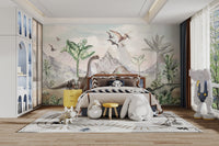Mountain backdrop wallpaper mural with long-neck dinosaur.