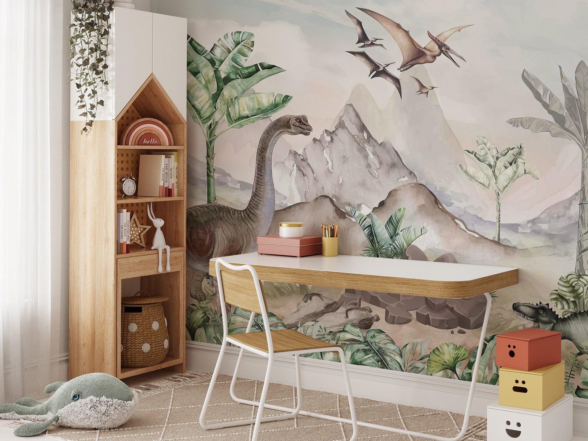Jurassic era wallpaper mural with flying pterosaurs.