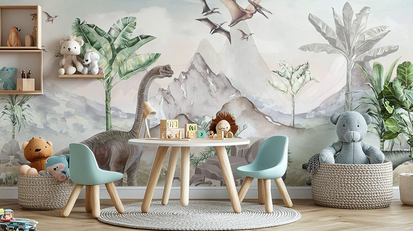 Jurassic era wall mural in soft neutral color palette.