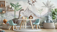 Jurassic era wall mural in soft neutral color palette.