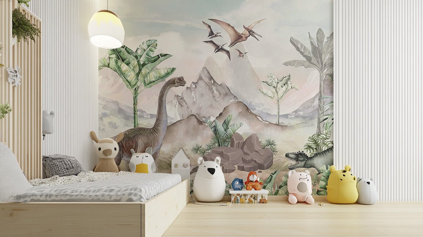 Illustrated prehistoric era wallpaper mural with rocky terrain.