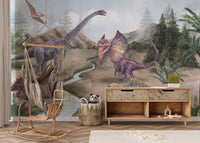 Prehistoric jungle wallpaper mural in earthy green and brown color.