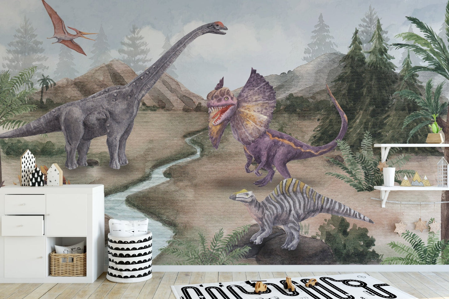 Artistic dinosaur wall mural with layered landscape illustration.