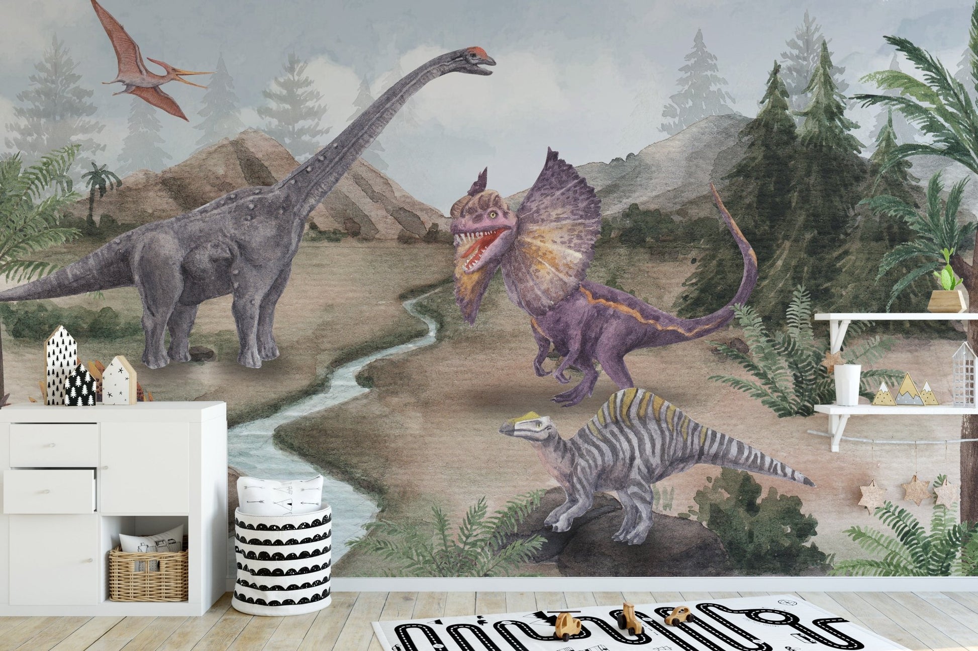 Artistic dinosaur wall mural with layered landscape illustration.