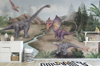 Artistic dinosaur wall mural with layered landscape illustration.