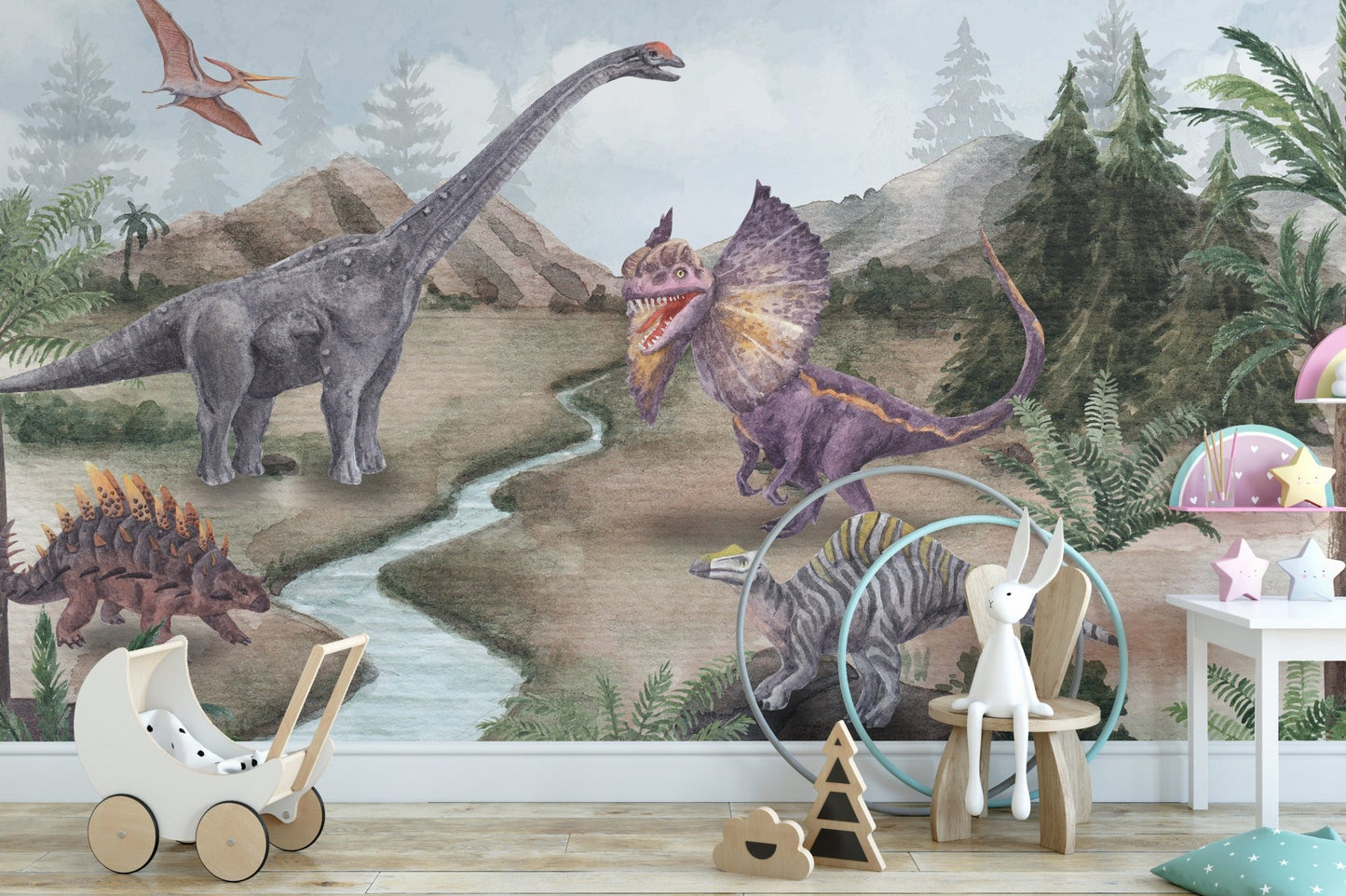 Dinosaur wall mural with mountain valley and river detail.