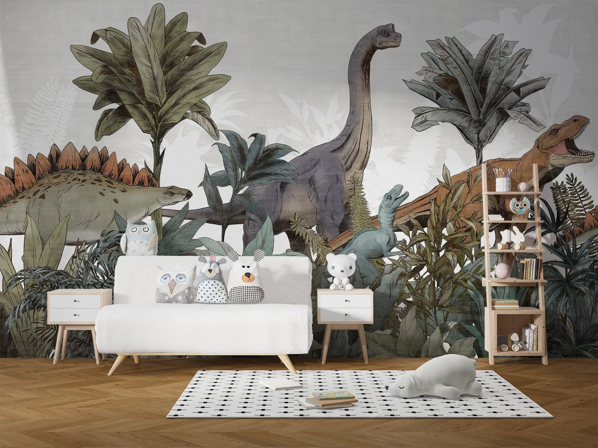 Contemporary dinosaur forest wallpaper mural with soft brush strokes.