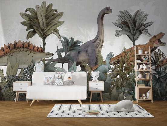 Contemporary dinosaur forest wallpaper mural with soft brush strokes.