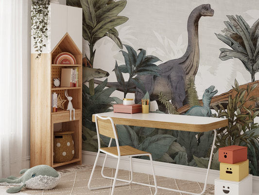 Jurassic forest adventure wall mural with roaming dinosaurs and jungle plants.