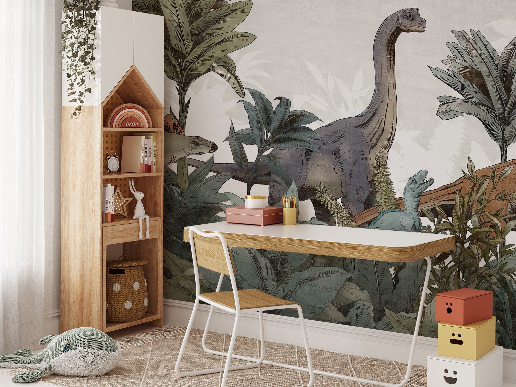 Jurassic forest adventure wall mural with roaming dinosaurs and jungle plants.
