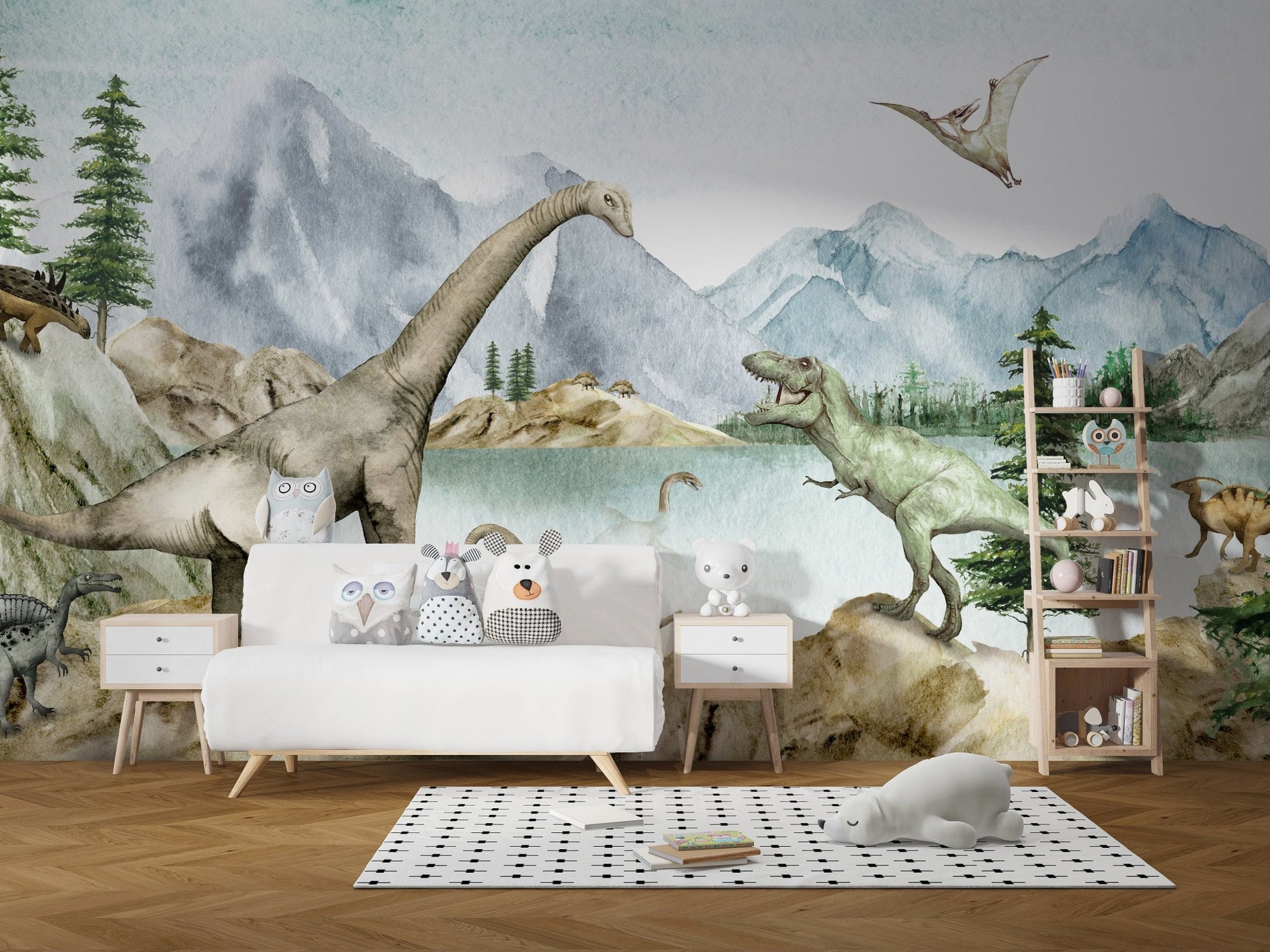 Watercolor jurassic lake dinosaur wall mural with misty mountains.