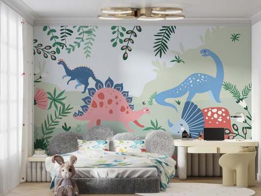 Jurassic park kids wallpaper mural with pastel dinosaurs and green leaves.