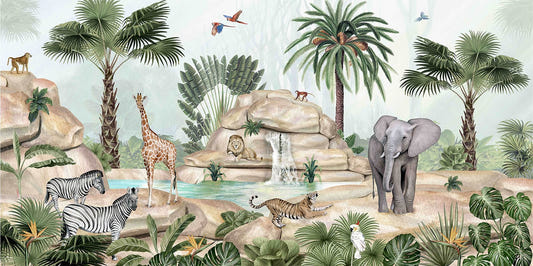 Watercolor Animals near Water Pond Wallpaper
