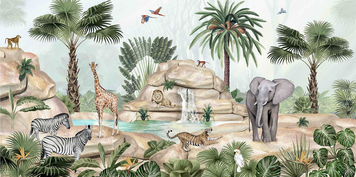 Watercolor Animals near Water Pond Wallpaper in your room