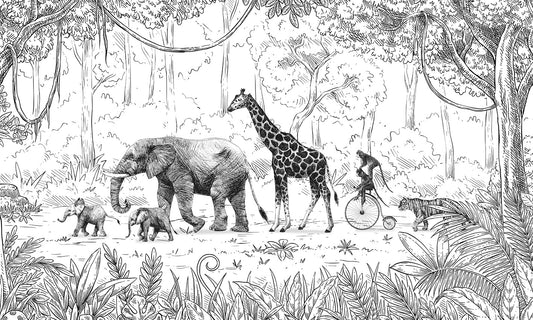 Animal Parade Black and White Wall Mural