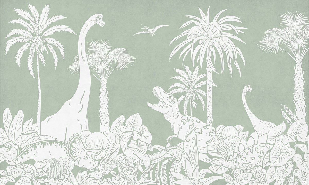 Monochrome Dino Green Wall Mural in your room — zoomed