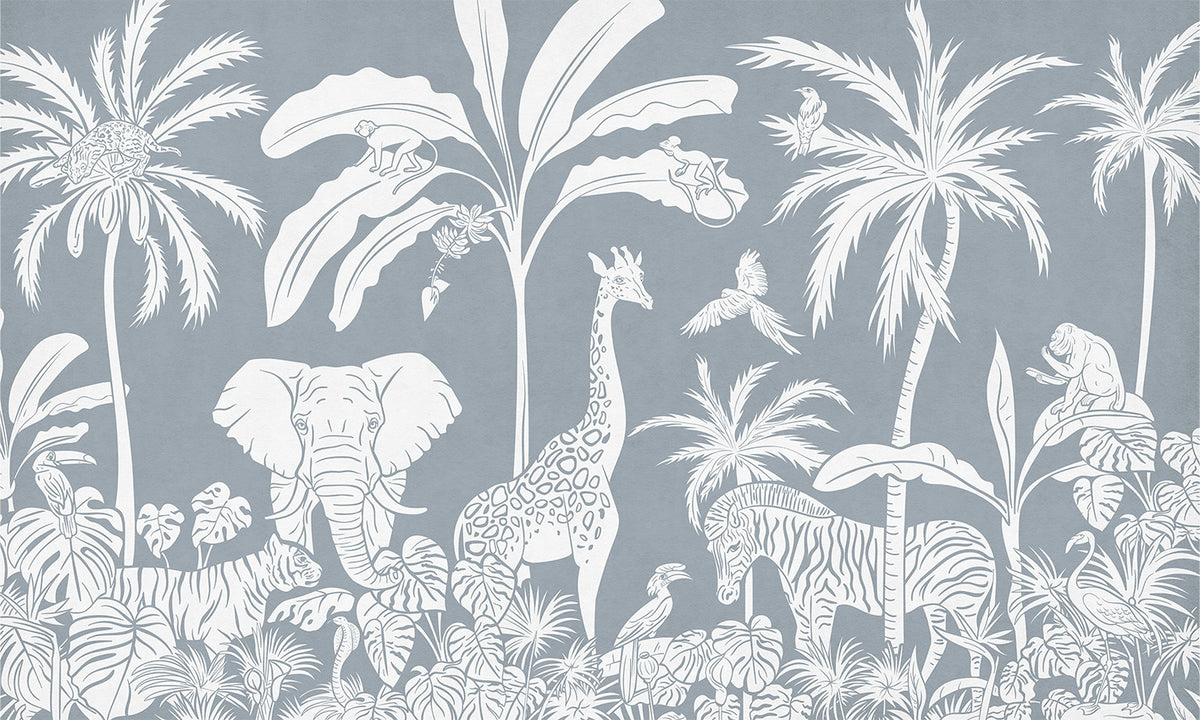 Monochrome Jungle Blue Wall Mural in your room