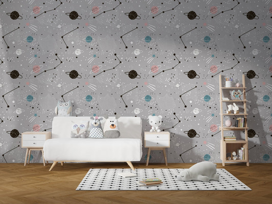 Kids Cosmic Journey Stars and Planets Wallpaper in a modern white nursery.