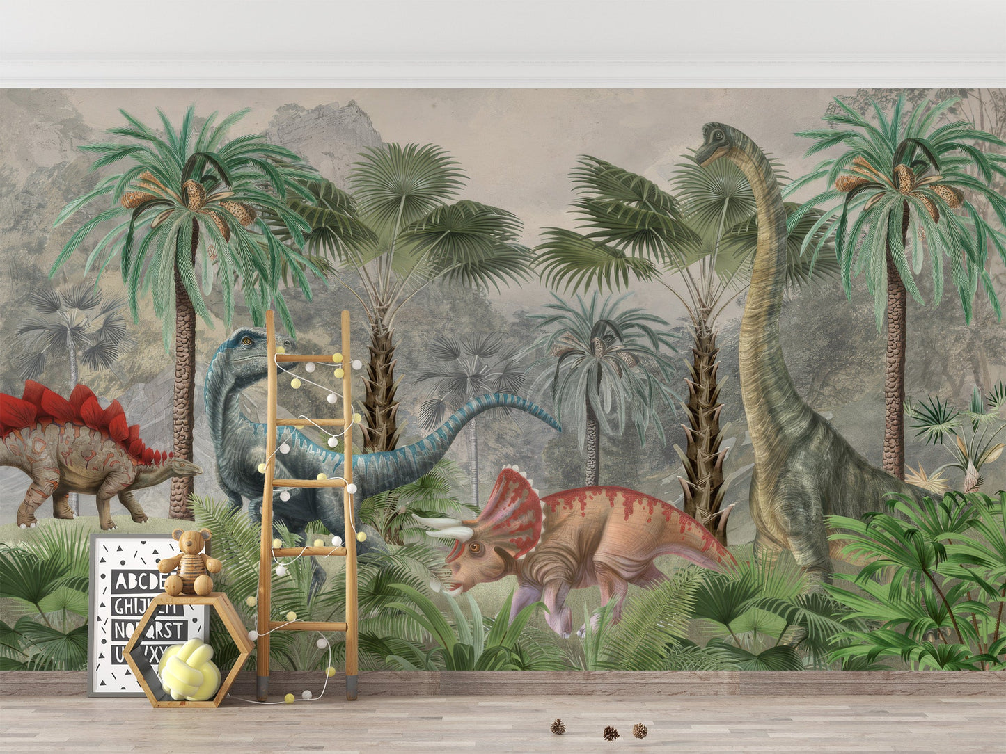 Jurassic theme wallpaper wall mural with long neck dinosaur art.