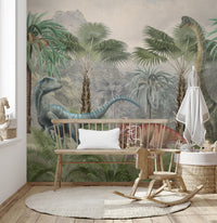 Dinosaur wallpaper mural with palm trees in soft green color tones.