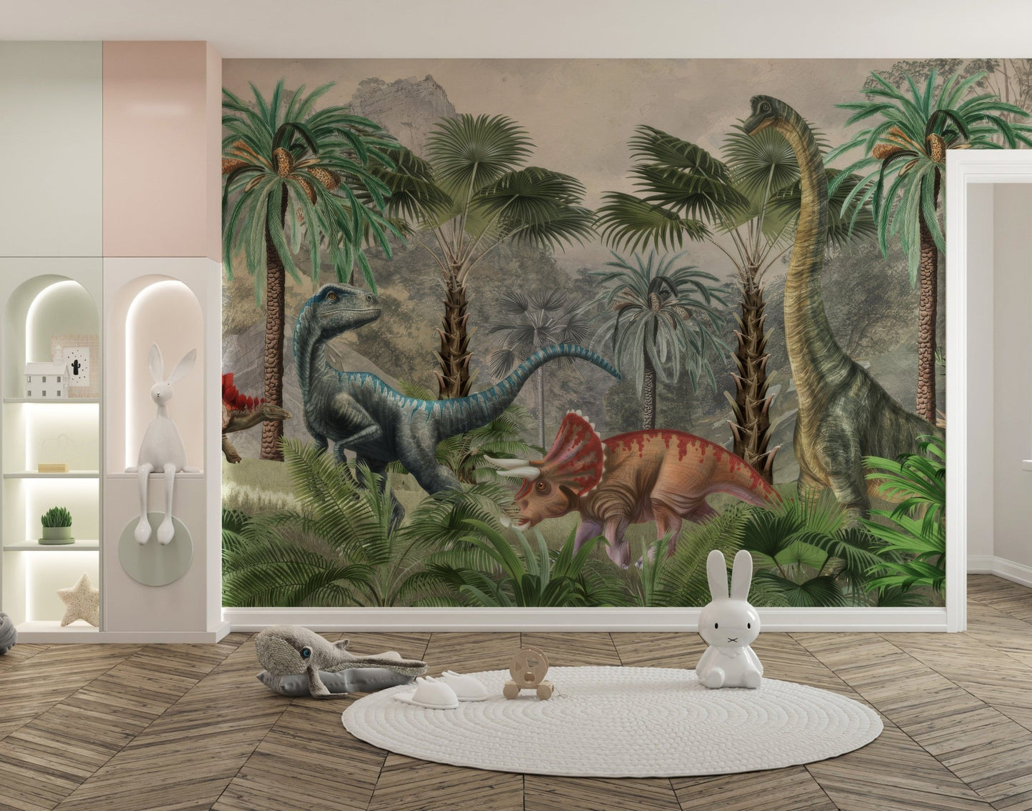 Fantasy dinosaur wall mural wallpaper in modern kids decor style.