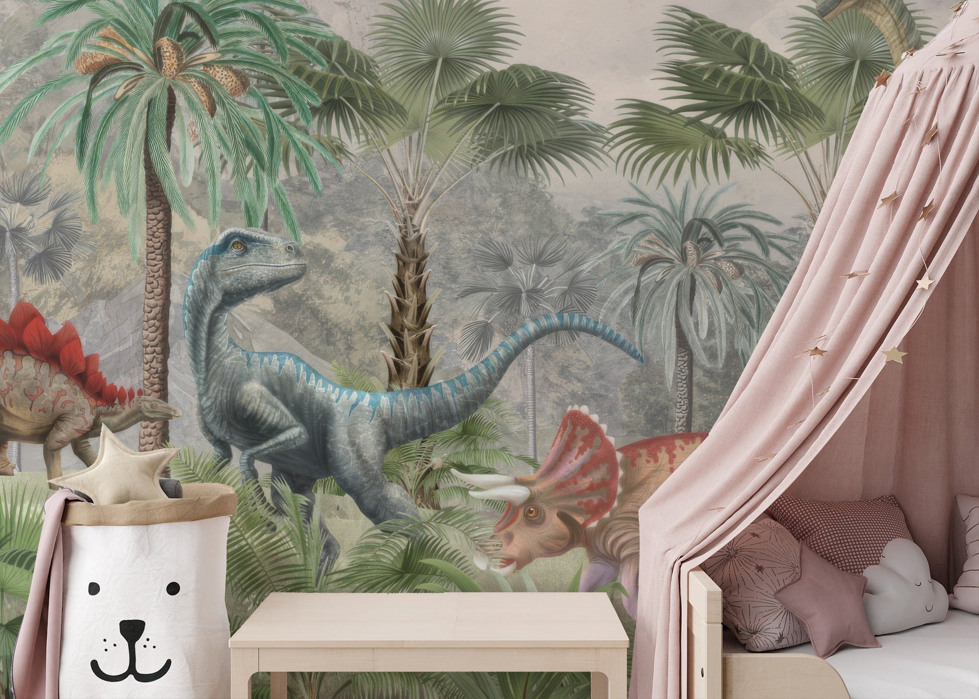 Prehistoric dinosaur wallpaper mural with green botanical accents.