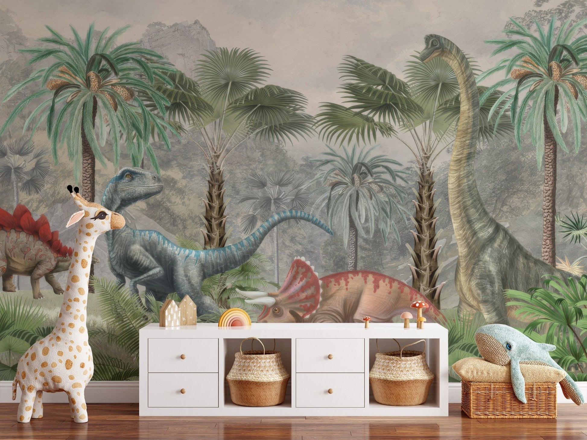 Artistic dinosaur jungle wall mural wallpaper in soft matte tones.