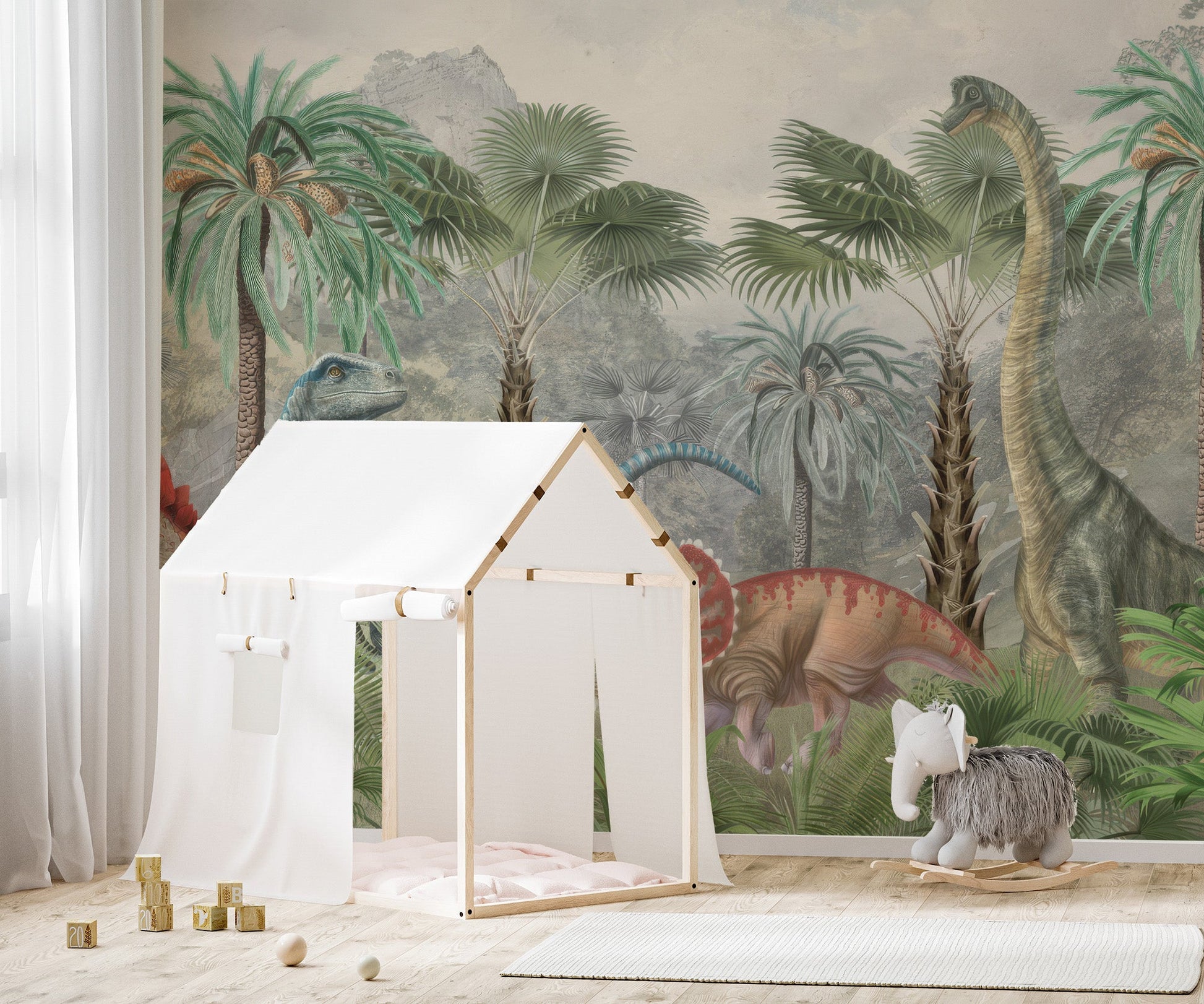 Pastel dinosaur wallpaper with triceratops and jungle foliage mural.