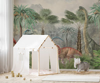 Pastel dinosaur wallpaper with triceratops and jungle foliage mural.