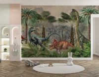 Kids dinosaur fantasy wall mural with pastel jungle wallpaper theme.