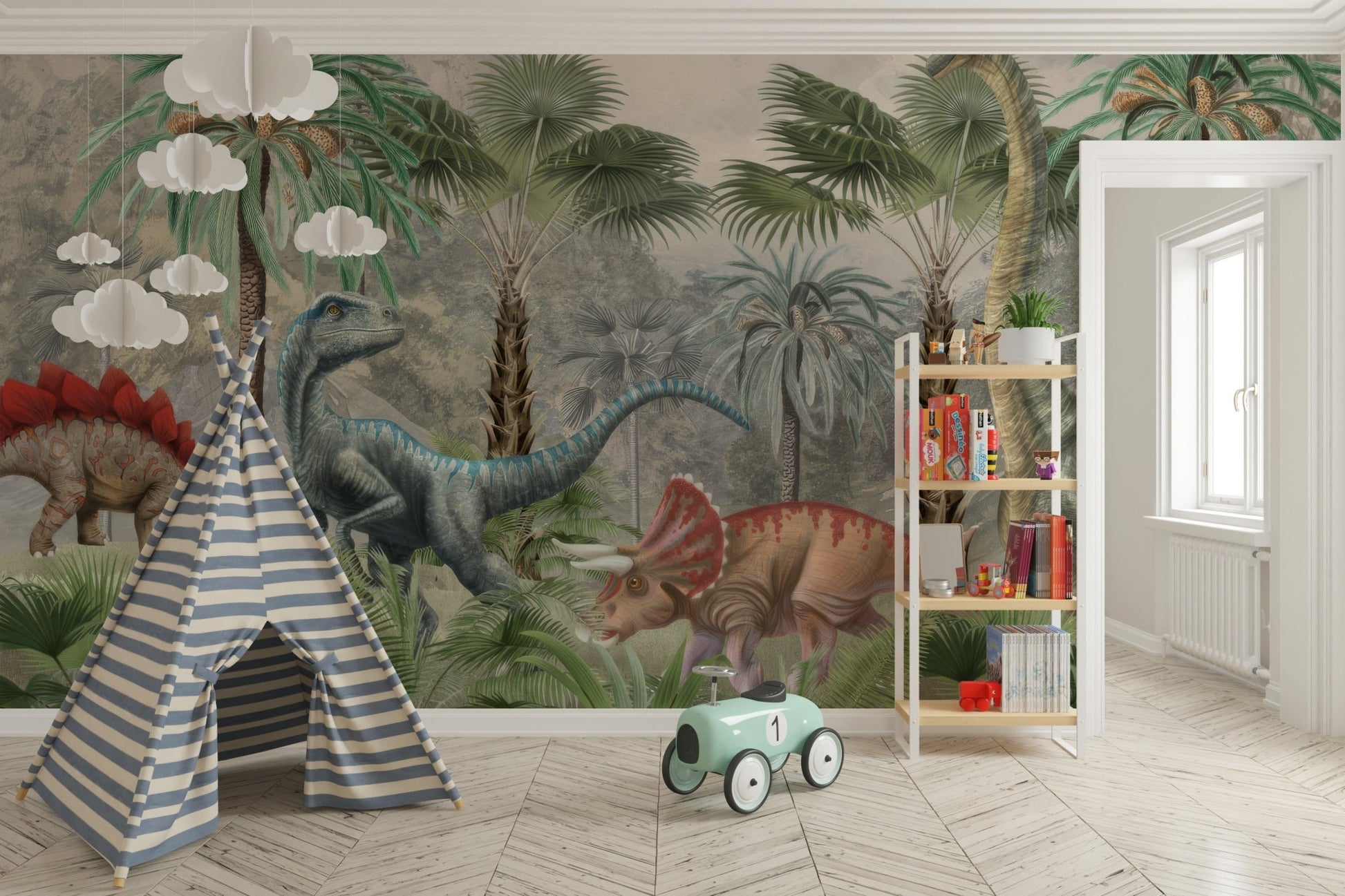 Watercolor jungle dinosaur wallpaper mural in neutral color scheme.