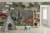 Watercolor jungle dinosaur wallpaper mural in neutral color scheme.
