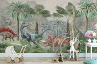 Tropical dinosaur wall mural wallpaper in muted earthy color palette.