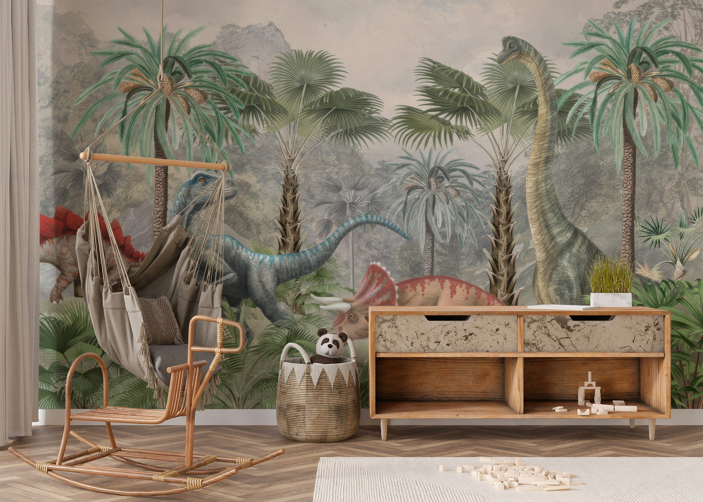 Palm forest dinosaur wall mural wallpaper in soft beige background.