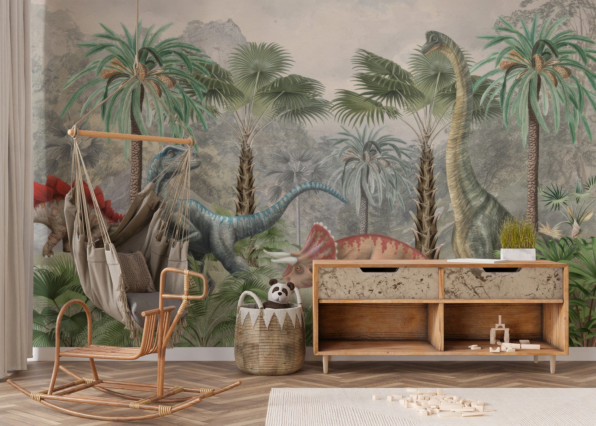 Palm forest dinosaur wall mural wallpaper in soft beige background.