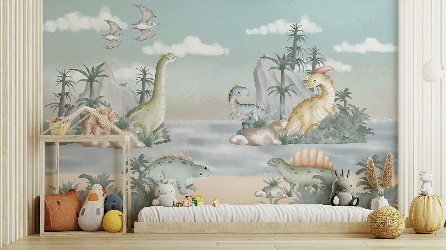 Kids dinosaur hills wall mural featuring watercolor triceratops and brontosaurus.