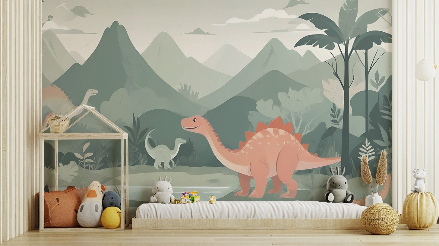 Kids dinosaur world wall mural with a friendly orange stegosaurus.