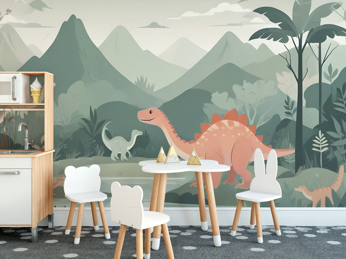 Gentle landscape wall mural with a variety of colorful dinosaur figures.