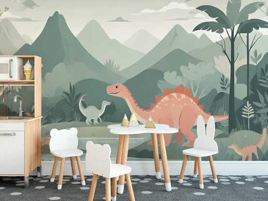 Gentle landscape wall mural with a variety of colorful dinosaur figures.