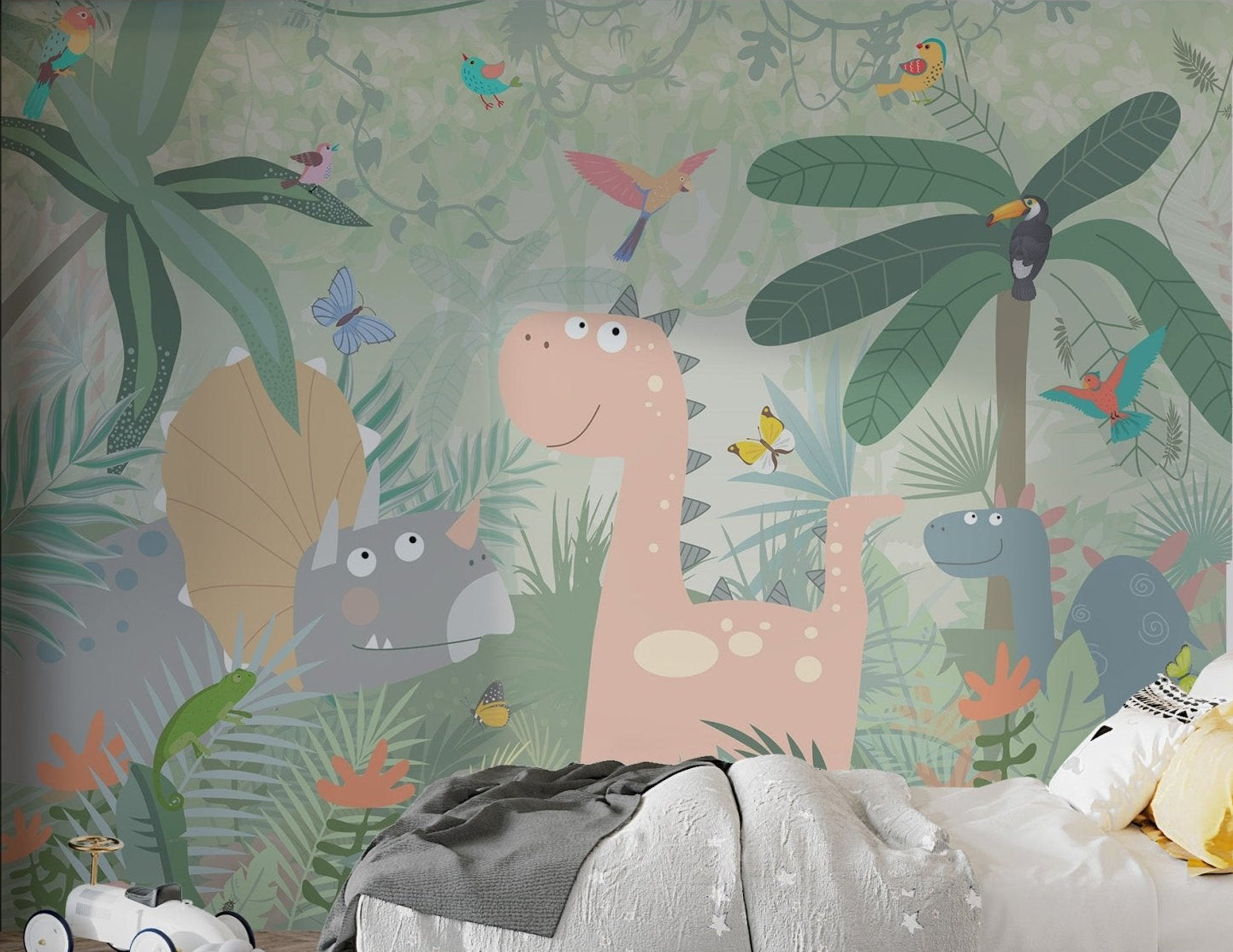 Cartoon dinosaurs in a vibrant jungle wallpaper