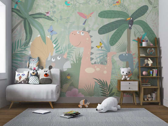 Muted pastel dinosaur wall mural for a modern nursery backdrop.