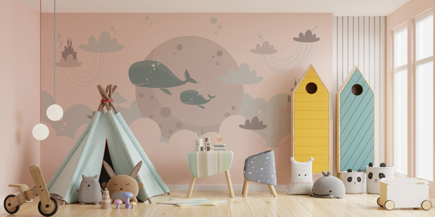 Whale and moon wall mural for playroom with green teepee and yellow storage units