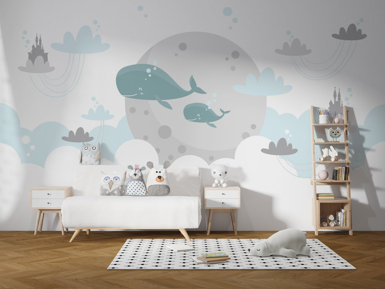 Blue whale wall mural for kids bedroom with white console and wooden storage unit