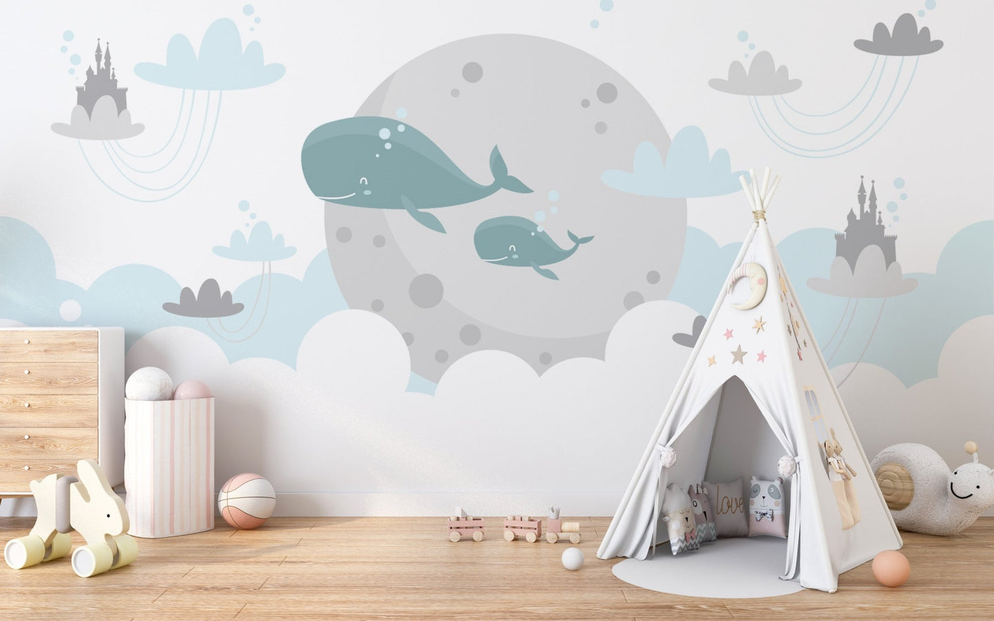 Kids Imagination Flying Whale Wall Murals in a white nursery with a fabric teepee